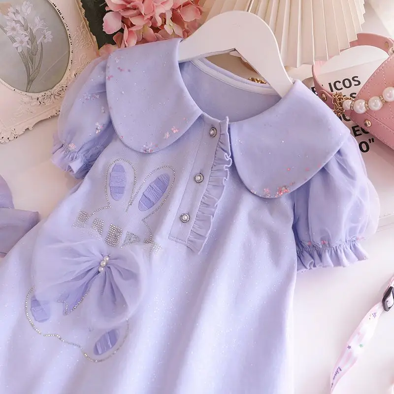 Girls\' Dress Summer Girls\' Polo Collar Solid Color Dress Girls\' Puffy Sleeve Short Sleeve Dress Ropa De Niña Vestidos