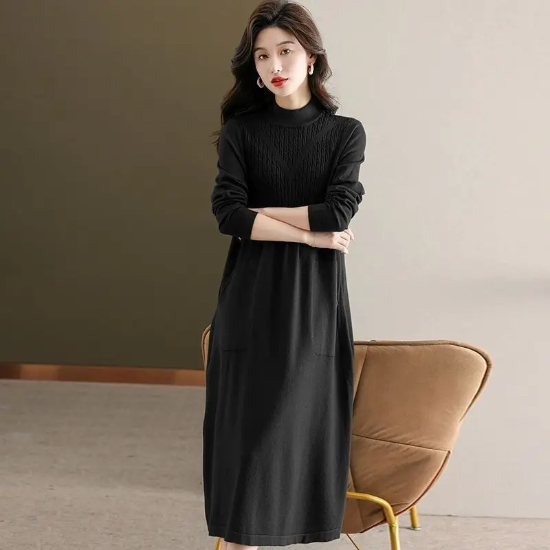 Vestido de alta qualidade feminino outono inverno vestidos de malha novo solto mangas compridas na altura do joelho vestidos de lã tendência camada base par com casacos