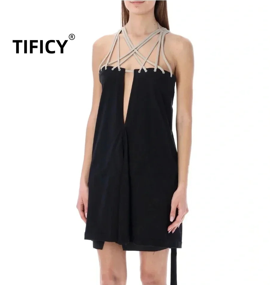 TIFICY High Street Cotton Women's Dark Style Street Fashion Hand Woven Suspender Sexy Mid Short Package Hip Knit mini Dress