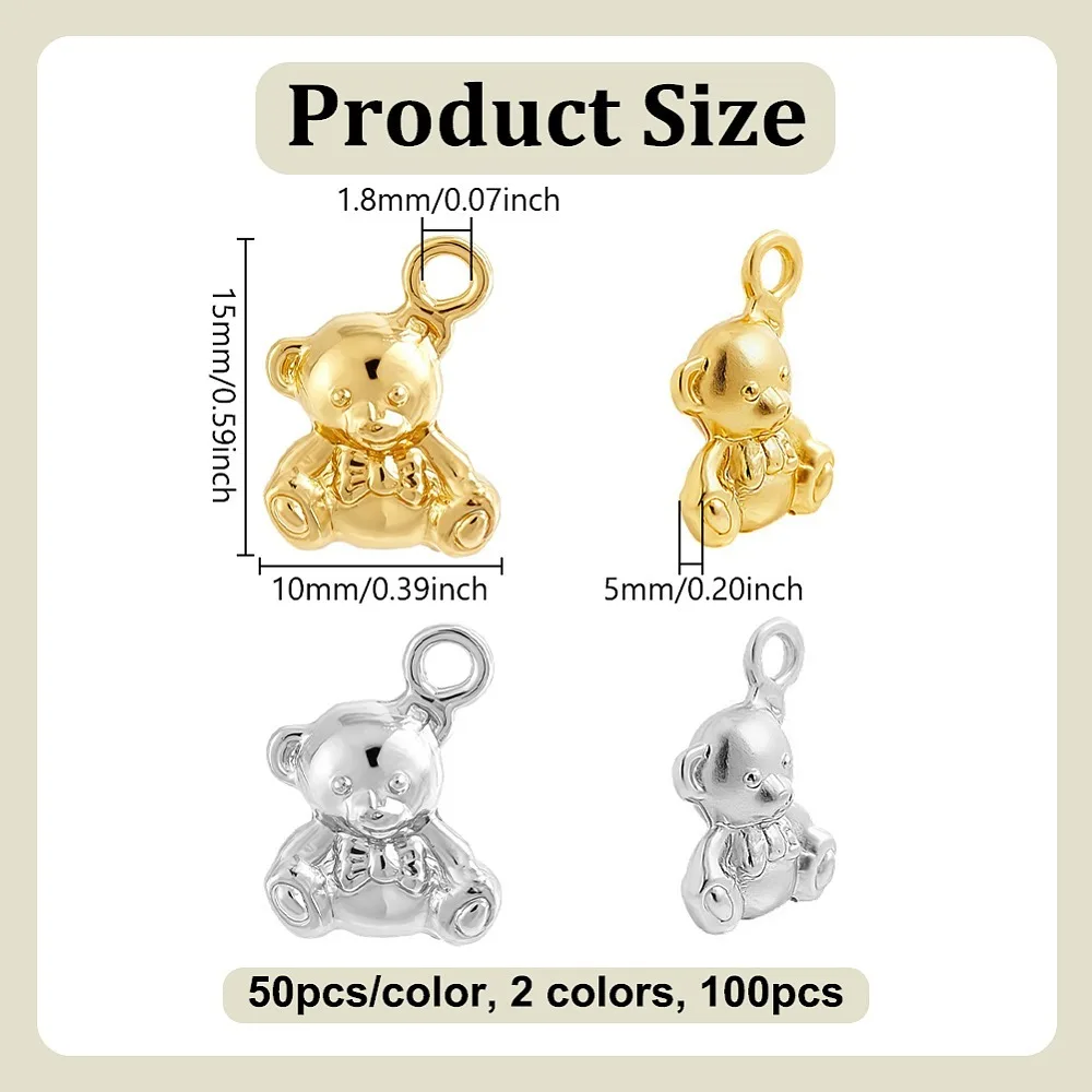 

100Pcs 2 Colors Style Alloy Pendants Bear Charms Mixed Color 15x10x5mm Hole: 1.8mm 50pcs/color