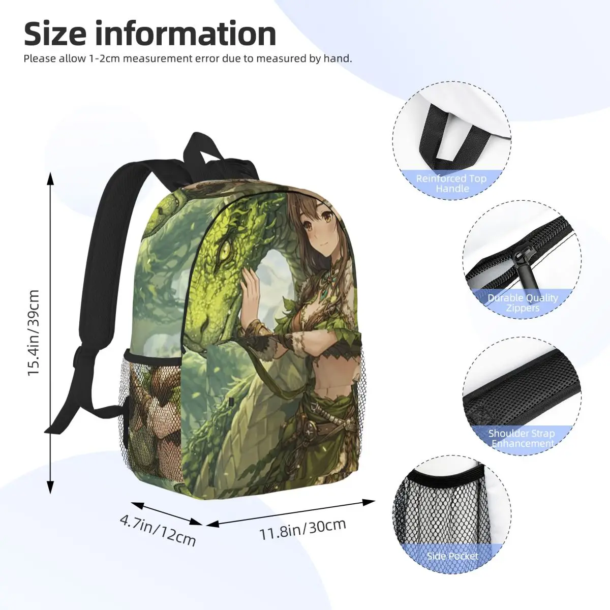Cartoon Girl And Green Dragon Anime Backpack Daypack Large Capacity Boys Girls BookBag Shoulder Bags for Unisex Kids School Bag