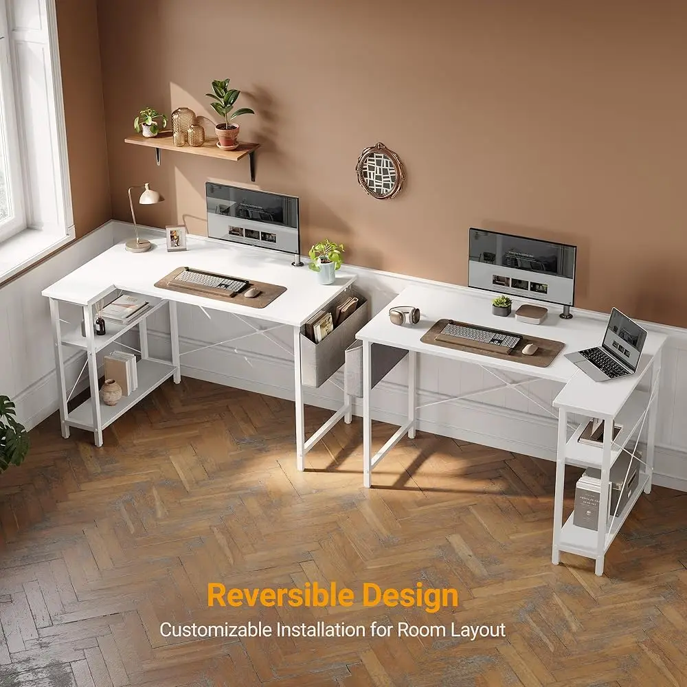 L Shaped Desk, 47"" Computer Desk With Reversible Storage Shelves Home Office Corner Desk Study Writing Gaming Table, White