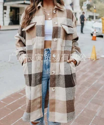 Plaid Jackets Women Woolen Long Coat Autumn Fall Blends Classic Tartan Y2k Shacket with Pockets Y2k Maxi Windbreaker Outwear