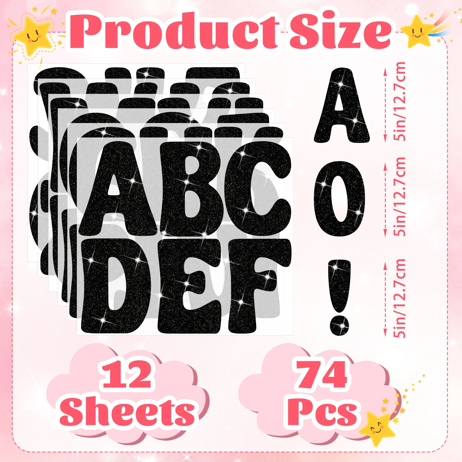 74Pcs 5 Inch Black Glitter Bulletin Board Letter Stickers, 12 Sheets Self-Adhesive Alphabet Letters for Poster, Classroom