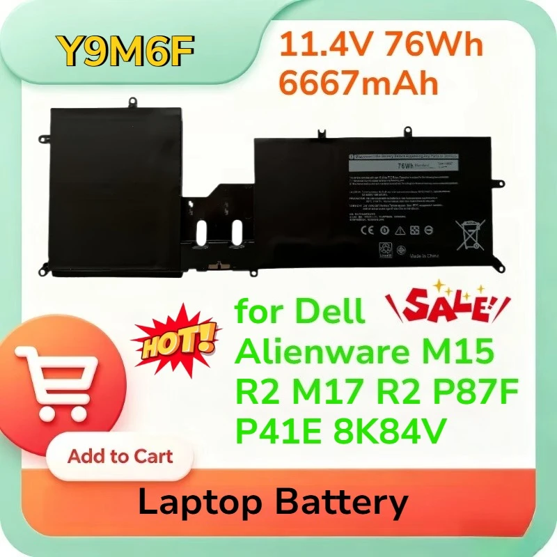 

11.4V 76Wh 6667mAh Y9M6F Laptop Battery for Dell Alienware M15 R2 M17 R2 P87F P41E 8K84V