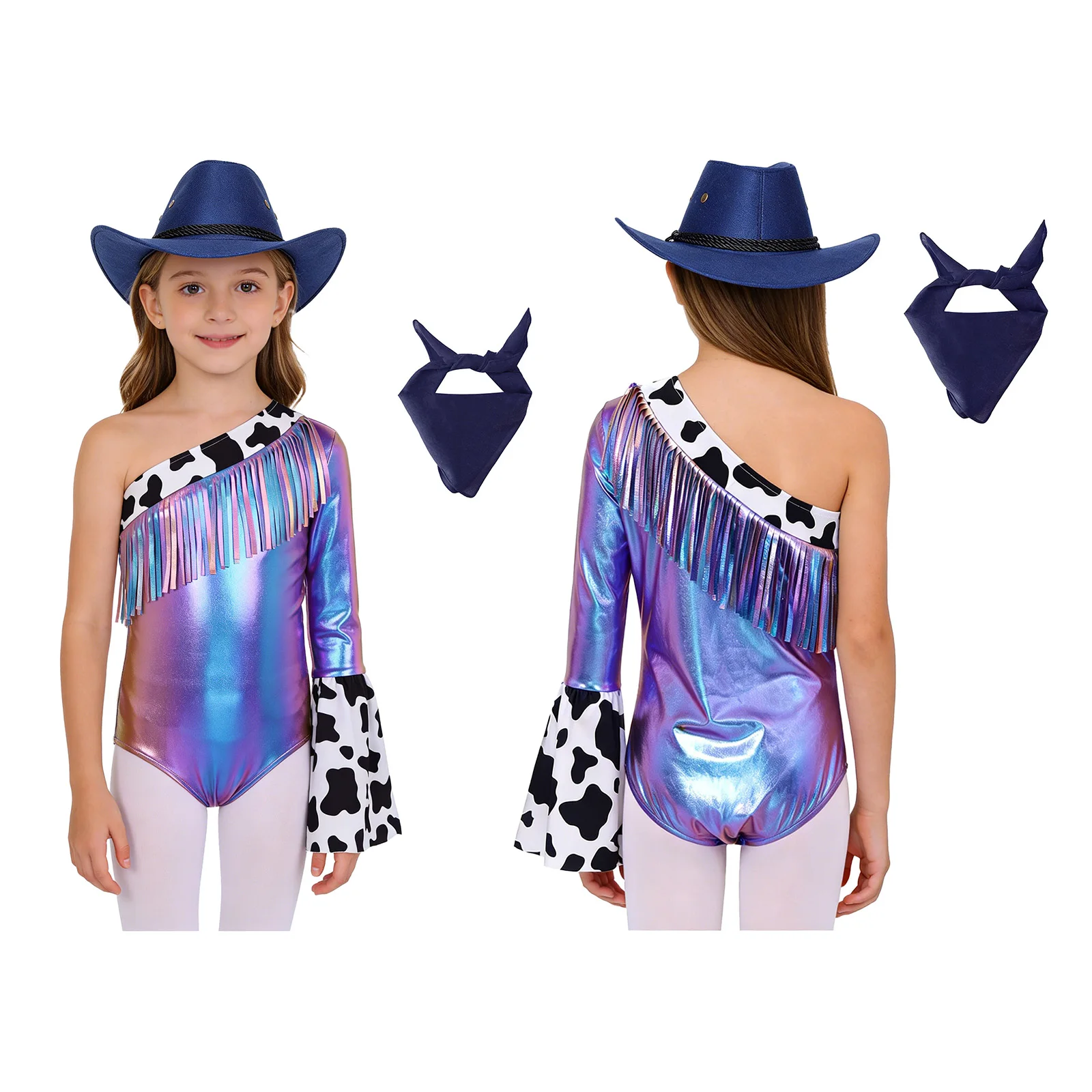 

Костюм ковбойки для девочек 6-16 лет на Хэллоуин/карнавал: танцевальный боди-комбинезон на одно плечо с металлическими бахромами, шляпа и бандана