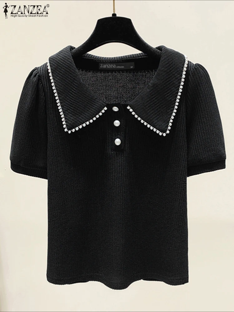 

ZANZEA Fashion Knitting Shirts Women Blouse 2025 Summer Lapel Neck Short Sleeve Pearl Solid Tunic Tops Casual Elegant Blusa