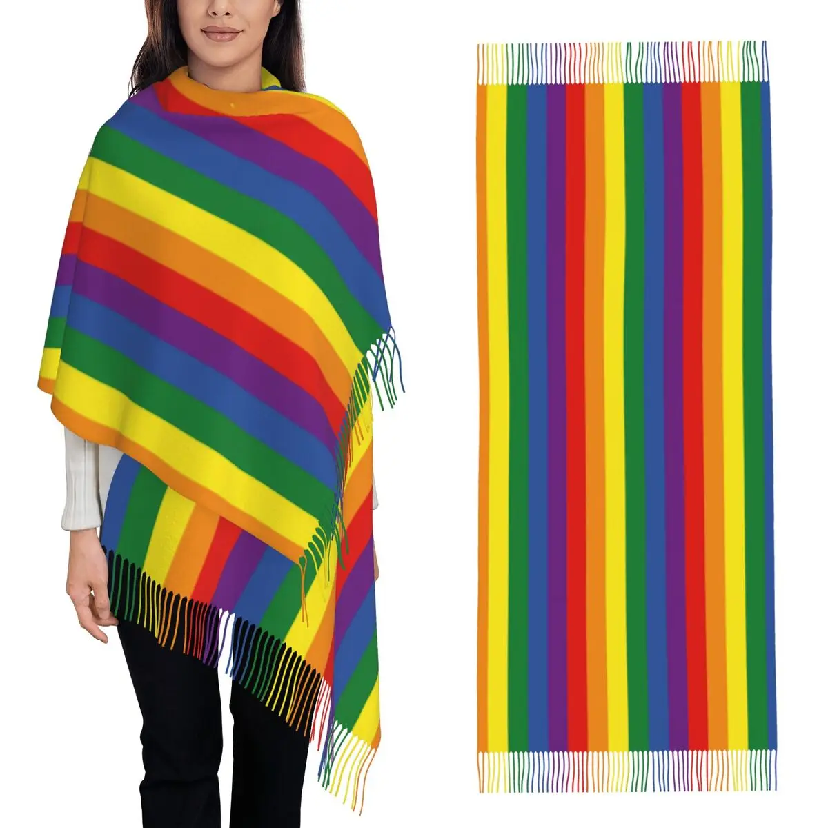 

Vertical Rainbow Stripes Scarf Tassel Scarves for Women Soft Warm Shawls and Wraps Long Fall Winter Shawl Wrap