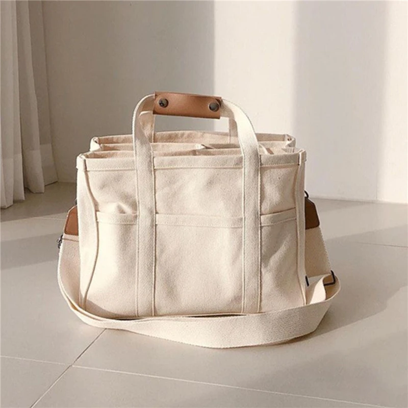 Trendy Multi-pocket Divider Canvas Tote Bag All-match Solid Color Shoulder Bag Perfect Casual Crossbody Bag For Commuting