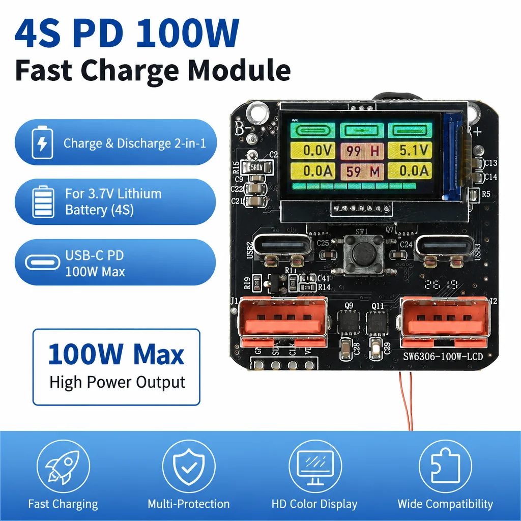 4S PD 100W Type-C Bidirectional Fast Charging Module Colour Screen SW6306 Power Bank Circuit Board for Ternary lithium Batteries