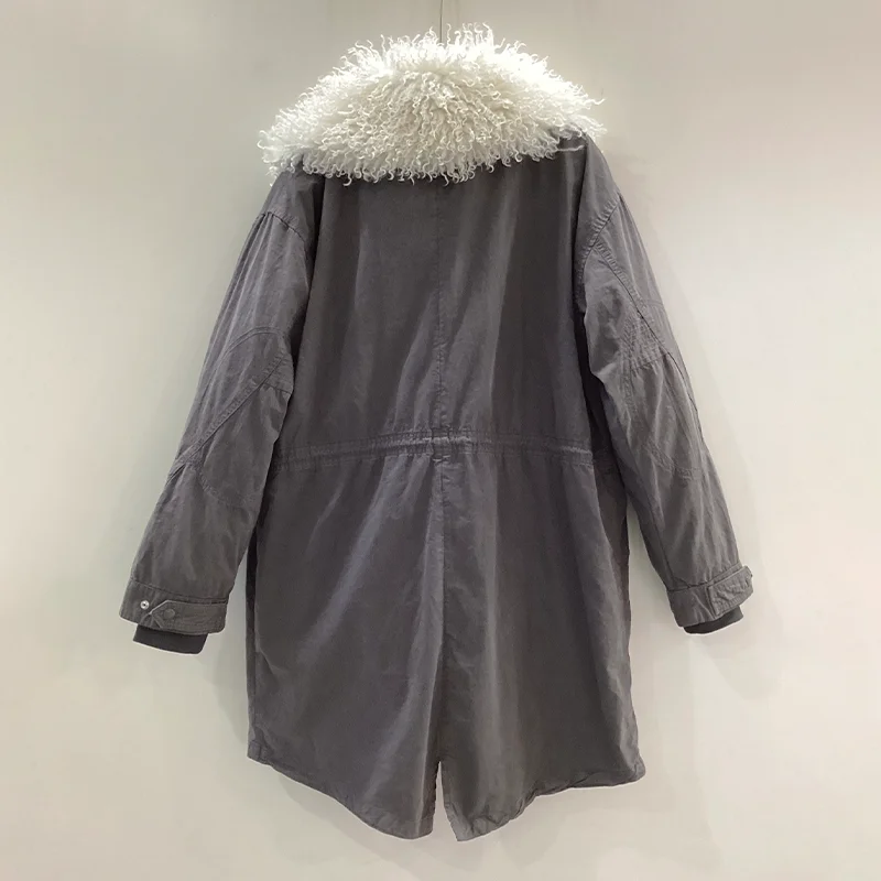 معاطف رمادية أنثى سستة فضفاضة سستة سترات طويلة الشتاء ملابس علوية من القطن المرأة معطف كبير الفراء طوق سترة جيب عادية