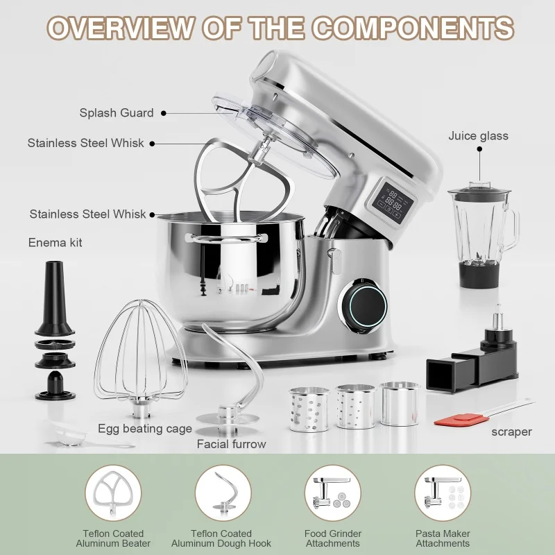 8L 5‑in‑1 Multifunctional Stand Mixer, Desktop Bread Dough Mixer with Fruit Orange Juicer