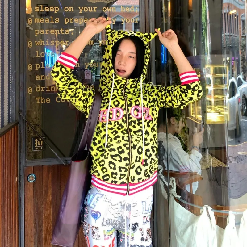 Japanese Harajuku Style Leopard Print Hooded Cardigan Sweater Women Millennial Y2k High Street Hot Girl Zip Hooded Sweatshirt