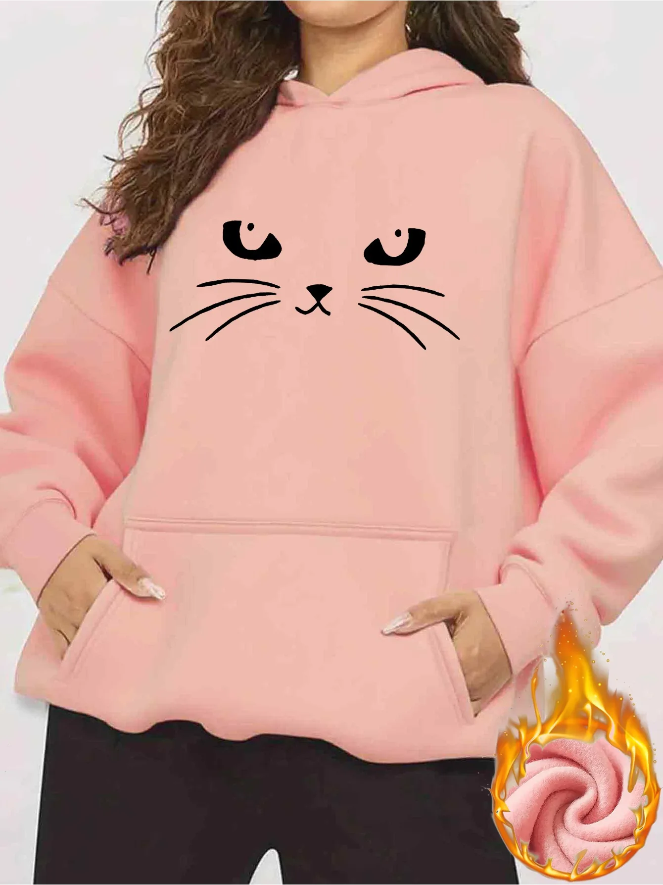2025 가을 겨울 여성용 흰색 후드티 귀여운 고양이 얼굴 패턴 풀오버 편안한 일상 캐주얼 스트리트 패션 스웨트셔츠