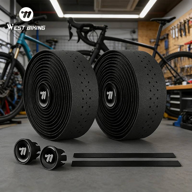 WEST BIKING Perforated EVA Bicycle Handlebar Tape Non-Slip Breathable Bar Wrap with 2pcs Logo Plugs for MBT Road Bike Cycling
