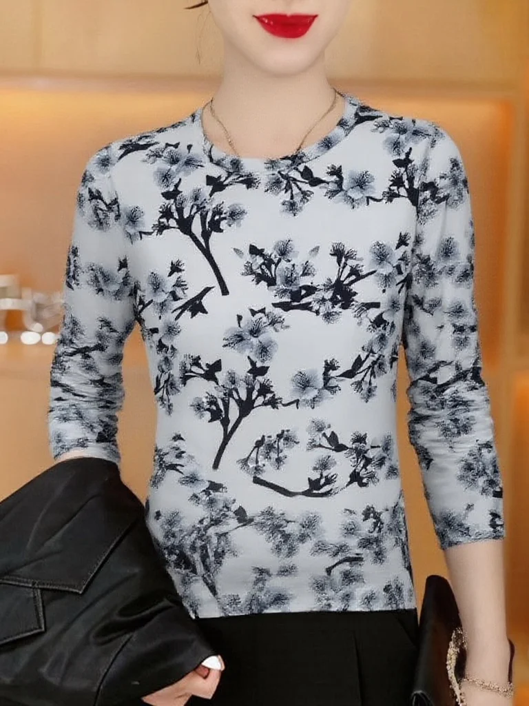 

Retro Floral Print Long Sleeve T-Shirt Women's plus Size Slimming Fashionable Anti-Aging Top for Middle-Aged And Elderly Ladies