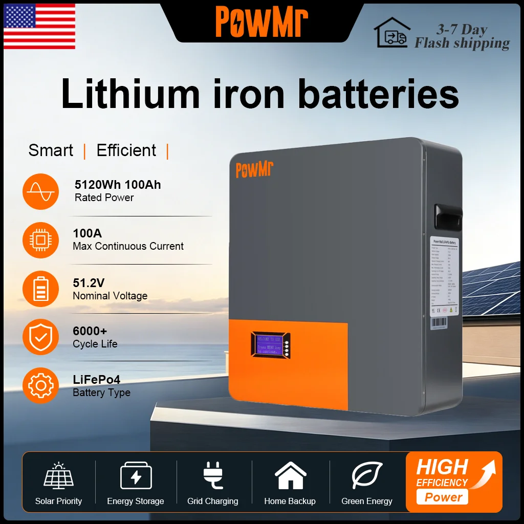 PowMr 5KWH LiFePo4 Battery 48V 100AH Max 100A Charging Current 6000 Cycles Energy Storage Battery Built in BMSSupport CAN RS485 for Solar Home Storage Power USA