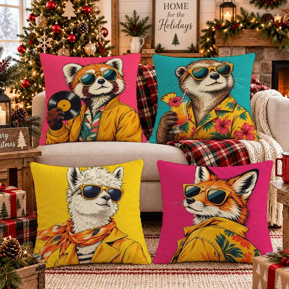 Sunny Animal Gathering Cushion Cover 1/4PCS Short Plush Pillow Cover Set Soft Decorative Cushion Case for Sofa Bed Home Decor