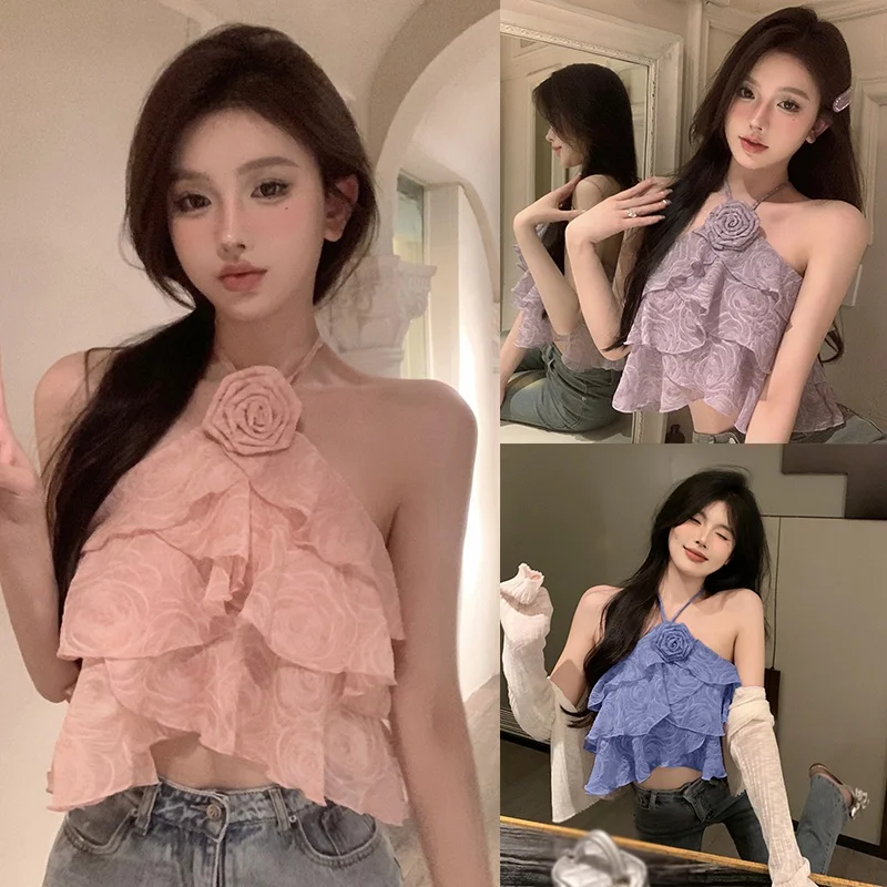 

Women's Chiffon Top Women's Vest Ruffle Backless Flowers Versatile Sexy Camisole