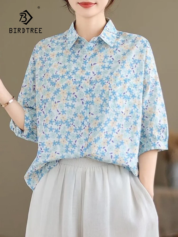 New Spring Cotton Casual Floral Print Shirts Women Lapel Loose Sweet Blouses Girl Half Sleeve Commute Tops 2024 Summer T455148QC