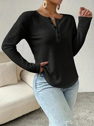 Knitted Long Sleeve T Shirts For Women Black Casual Tees Tops Fall Streetwear Tshirts O-Neck With Button Shirts Autumn Winter