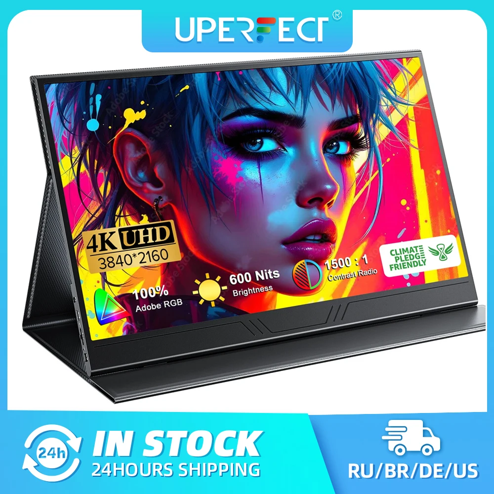 شاشة كمبيوتر UPERFECT Truely 4K مقاس 15.6 بوصة UHD FreeSync 100% Adobe RGB 600Nits 1500:1 HDR FreeSync IPS مكبرات صوت شاشة محمولة Type-C HDMI OTG مع حافظة ذكية