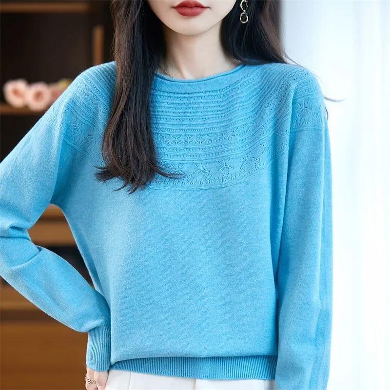 Autumn and Winter New Style Curled Round Neck Hollow Woolen Sweater Knitted Bottoming Sweater Pullover Top Loose Pullover