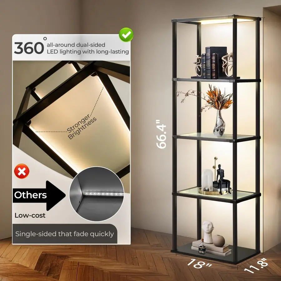 Display Shelf Floor Lamp, Dimmable LED lamp with 3 Color Temperatures, Sturdy Glass Curio Cabinet Bookcase with Remote Control,