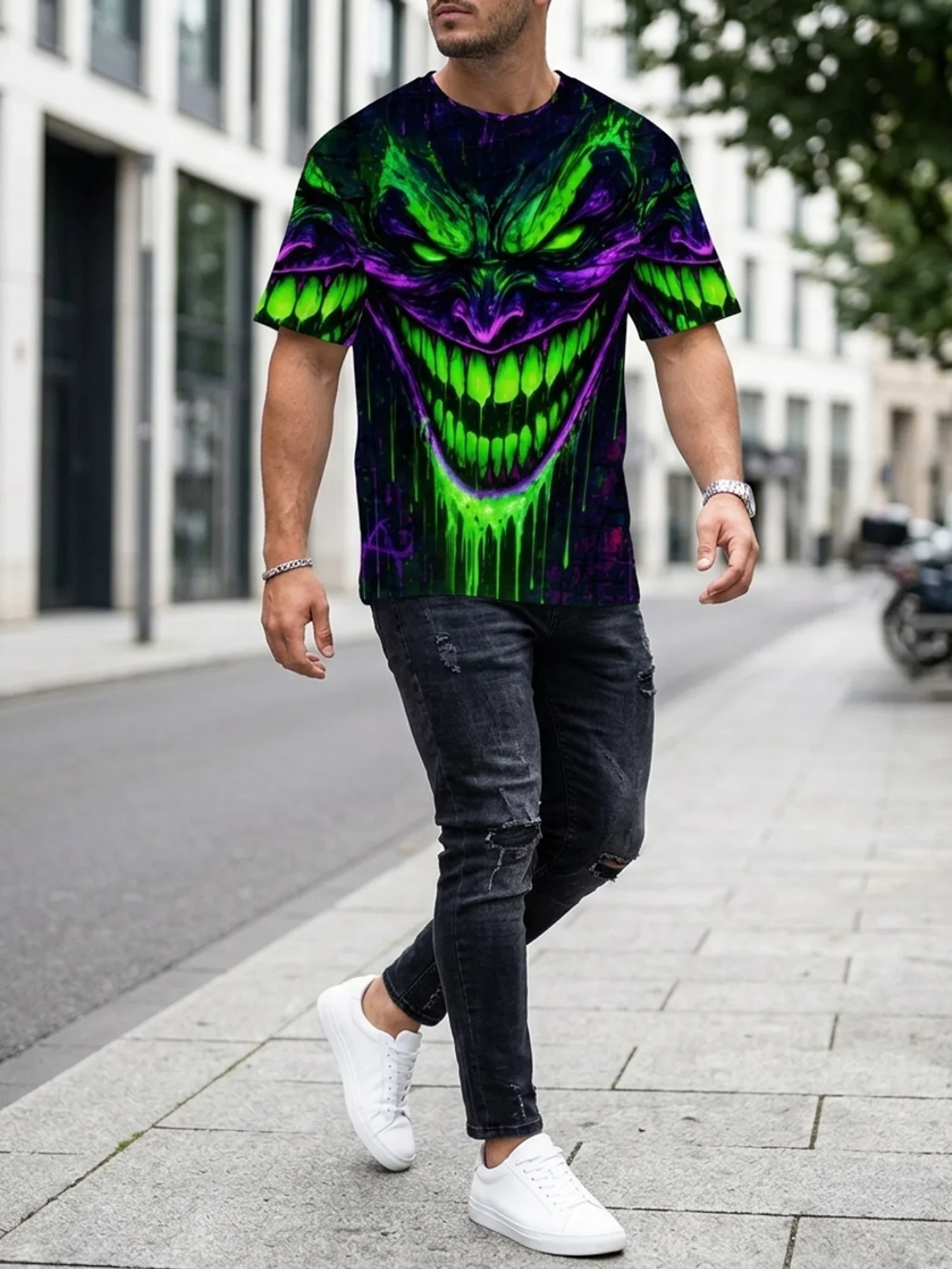 Unisex Y2K Streetwear Horror Clown Full Print Crew Neck T‑Shirt, Creepy Festival Costume Casual Short Sleeve Halloween Gift