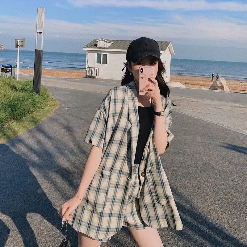 Blazer And Shorts Suit For Woman Outfits 2024 Plaid Summer Short Sleeve Clothing Elegant Classy Women\'s Pants Sets Cheap Offers