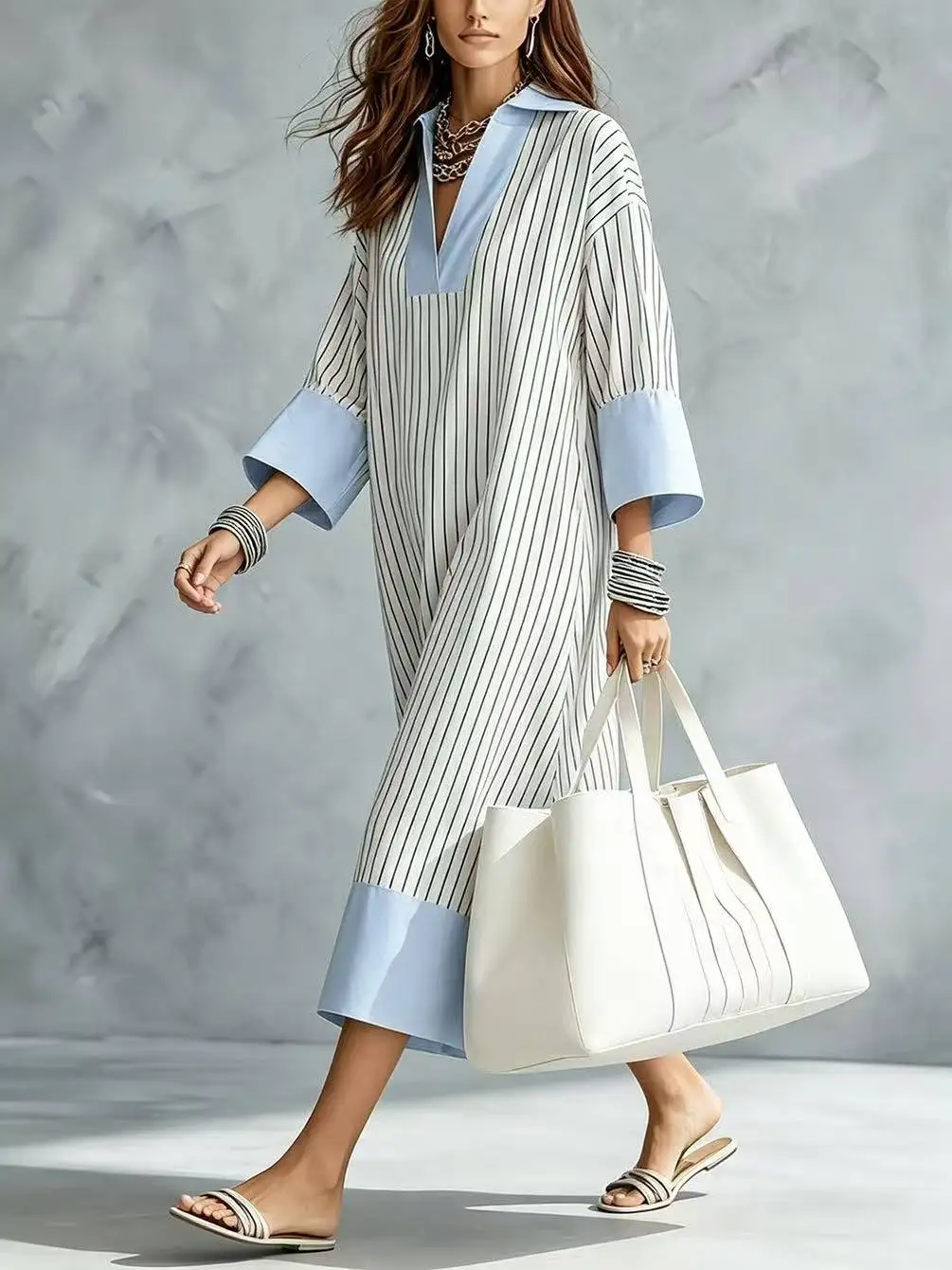 English:European American Color Block Placket Hem Striped Oversized Dress, Casual Commuter Loose Fit Midi Shirt Dress