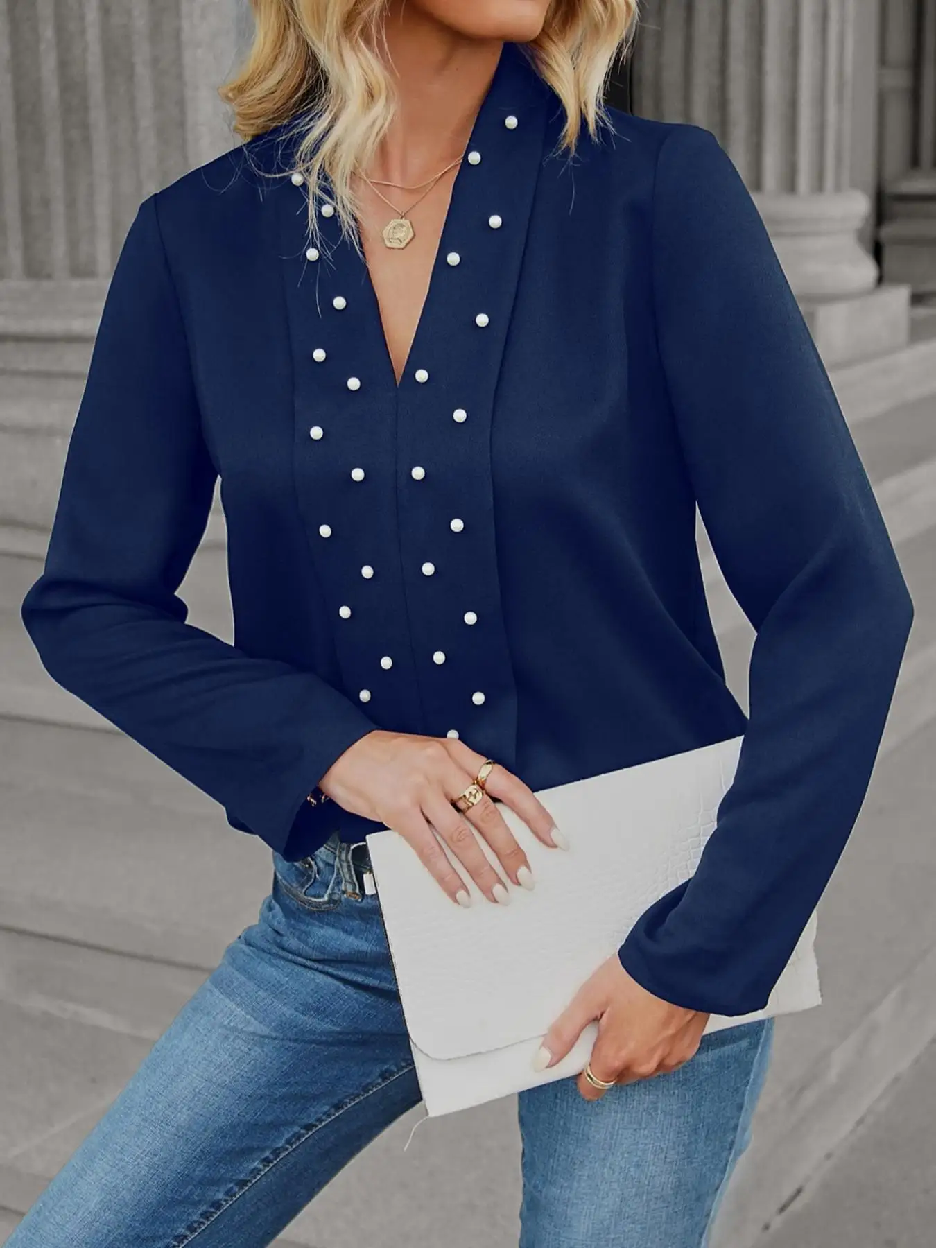 

Women's Solid Faux Pearls Decor V Neck Blouse, Elegant Long Sleeve Top For Spring & Fall, Ladies Clothes For Work Office Busines