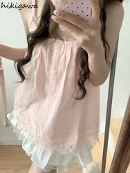 Summer Woman Dress Pink Sweet Loose Sling Robe Femme Patchwork Lace Single Breasted Fashion Cute Dresses Vestidos De Mujer 2024