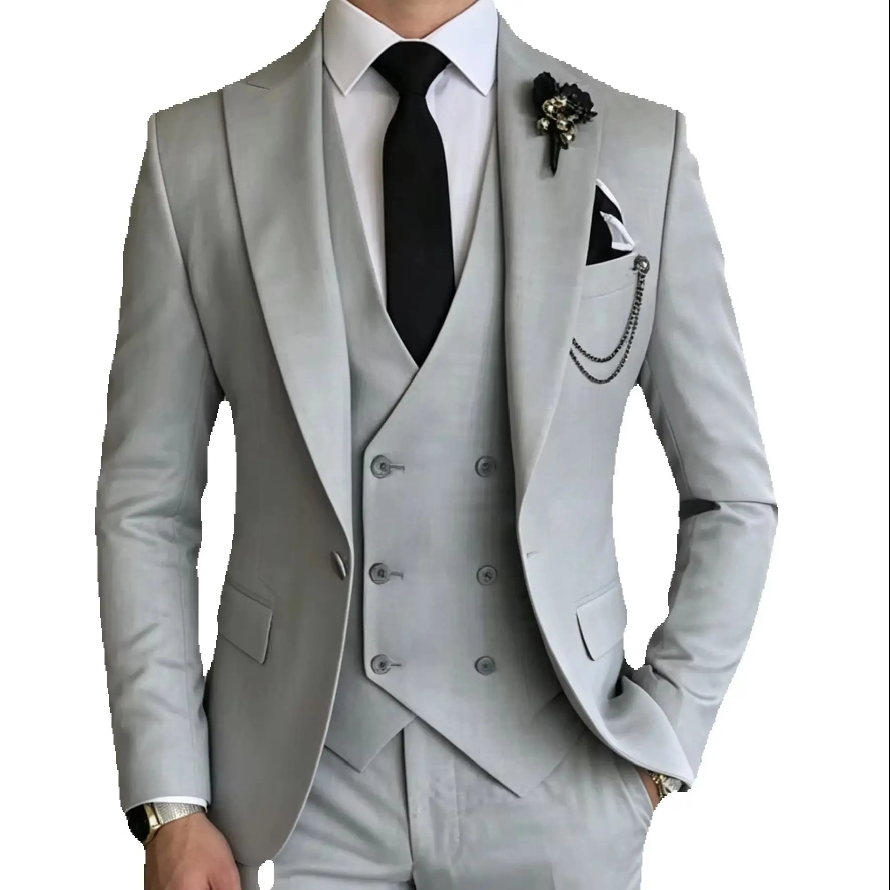 

3 Piece Light Gray Peak Lapel Single Breasted Suits for Men Formal Casual Business Wedding Tuxedo Outfits(Blazer+Vest+Pants)