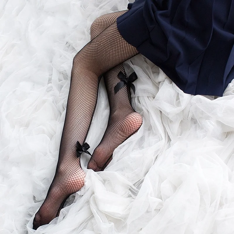Sexy Women Tights Summer Nylon Transparent Bowknot Pantyhose Japanese Kawaii Girls Cute Black Mesh Fishnet Sexy Lingerie Tights