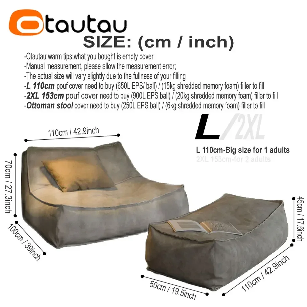 OTAUTAU Thick Waterproof Suede Chaise Lounge Pouf Cover No Filler Outdoor Beanbag Sofa Bed Ottoman Camp Beach Puff Salon SF061