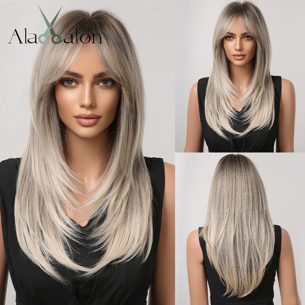 

ALAN EATON Platinum Blonde Synthetic Layered Wigs with Curtain Bangs Long Natural Wavy Wigs for White Women Heat Resistant Hair