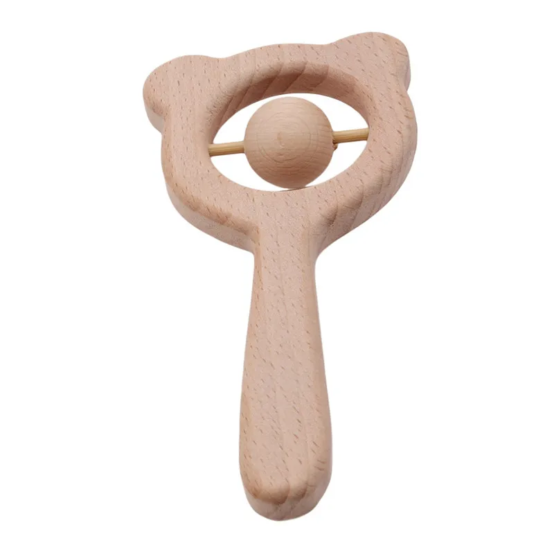 Sonajero de madera para bebé, oso de haya, anillo de madera para dentición manual, puede masticar cuentas, sonajeros para bebé, gimnasio, juguetes Montessori para cochecito