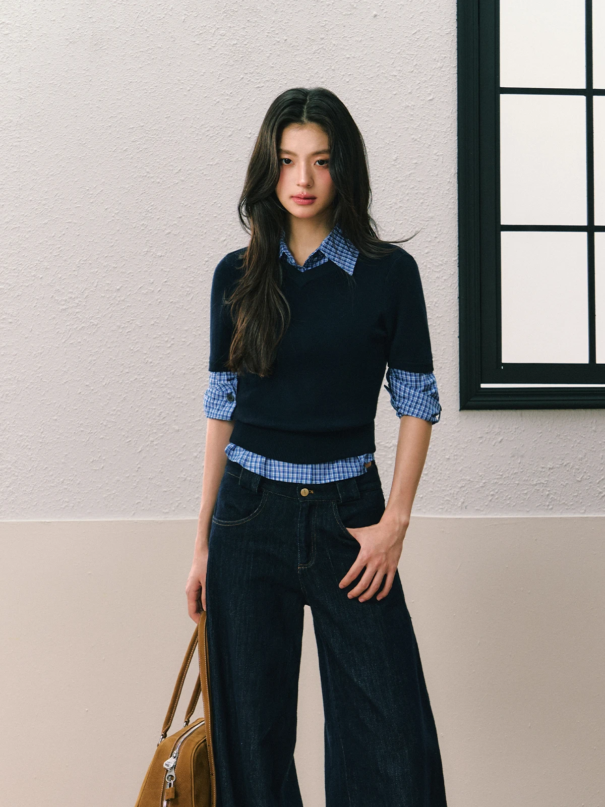 

7iftin Оригинальный дизайн, летний новый свитер с круглым вырезом и длинными рукавами, облегающий, синий в клетку, женский, модный, для повседневной носки