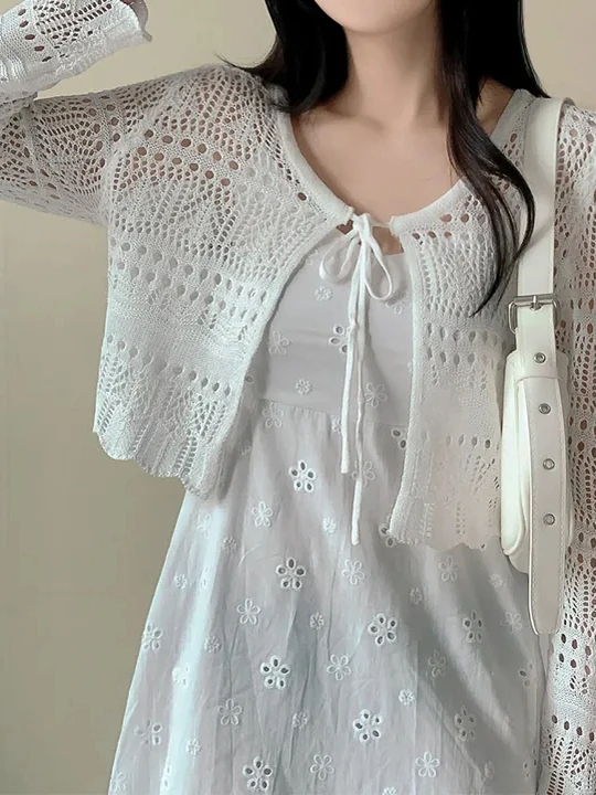 Korean Style Hollow out Belted Summer New Light Weight V-Neck Knitted Cardigan Women's Fashion Trend Air Conditioning Cover up