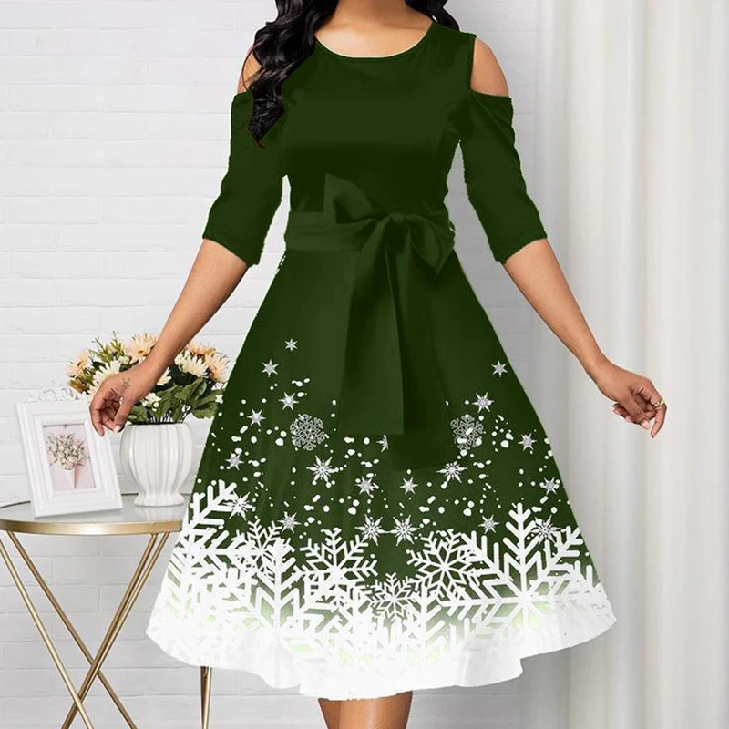 جديد مثير عيد الميلاد فستان محكم من عند الصدر ويتدلى بشكل واسع مزاجه المألوف ندفة الثلج نمط جولة الرقبة قبالة الكتف التعادل حزام الملابس النسائية #2