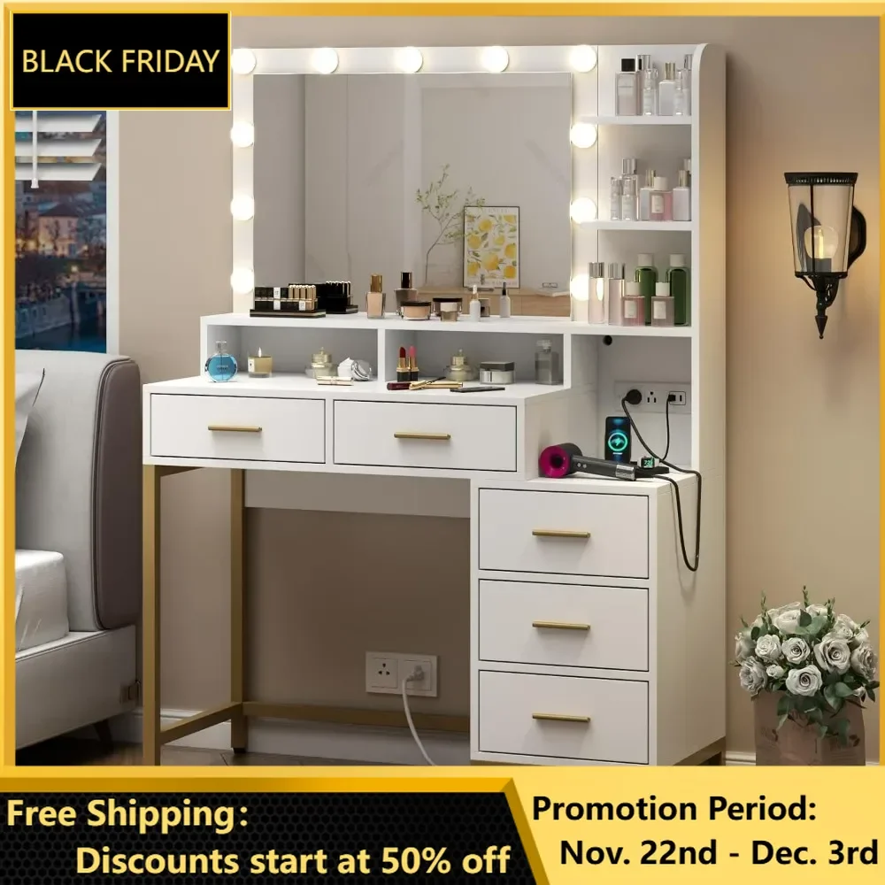 Vanity Desk with Lighted Mirror & Power Outlet, 5 Drawers, Two Cubby & Shelf, Vanity Dresser with 11 Lights in 3 Lighting Colors