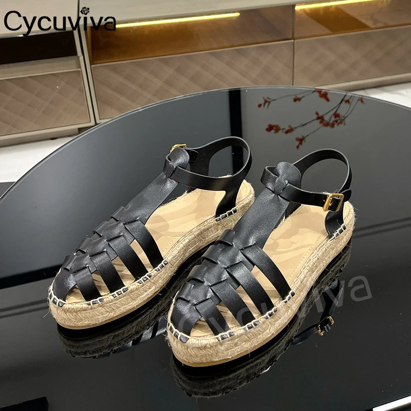 

Summer Real Leather Flat Platform Sandals Women Thick Sole Hollow Out Casual Beach Shoes Ankle Strap Rome Sandalias Mujer 2024