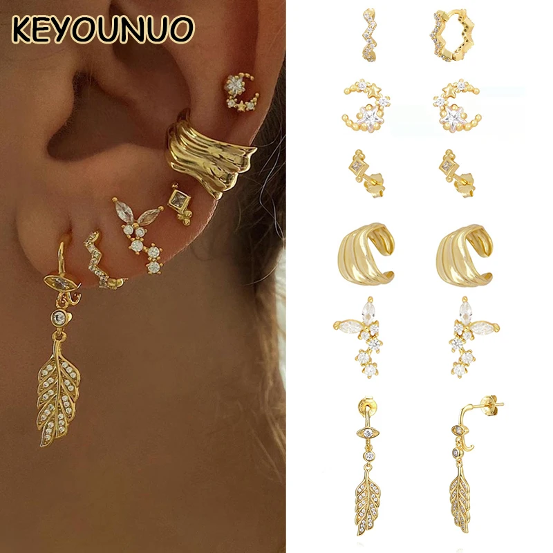 KEYOUNUO Gold Silver Filled Stud Earrings Set For Women Boho Style Zircon Ear Cuffs Dangle Hoop Earrings Party Jewelry Wholesale