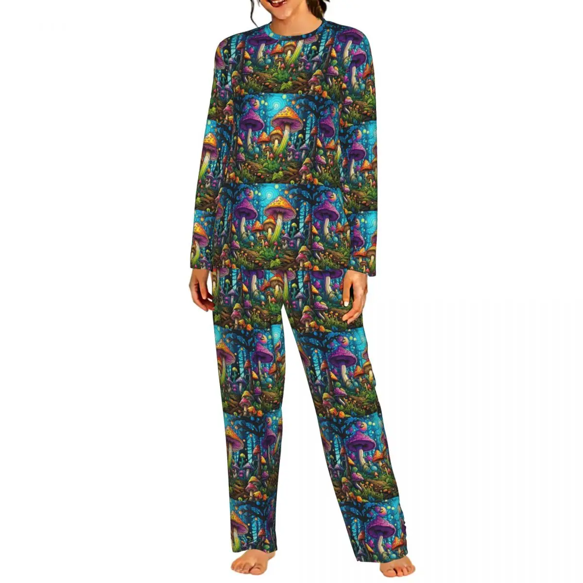 Psychedelic Mushroomsprin Round Neck Long Sleeve Nightgowns for Sleeping Sleepshirts Women Soft Pajama Set Long Pants