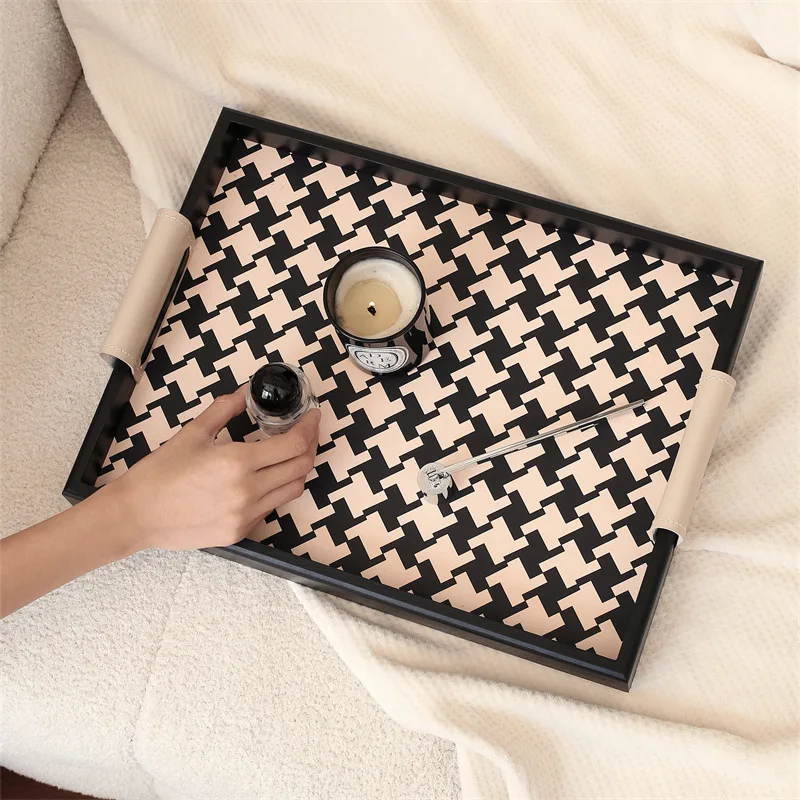 Wood Tray Storage Jewelry Tray Household Living Room Rattan Woven Leather Thousand-Bird Grid Leather Scented Tray Gift