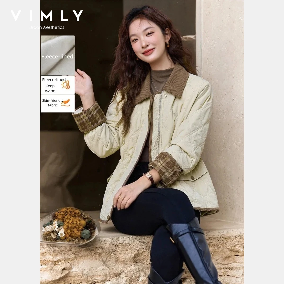 

VIMLY New Women's Jackets Contrast Color Plaid Splice Fleece Lined Parkas Lapel Collar Casual Quilted Woman Winter Coats A3397
