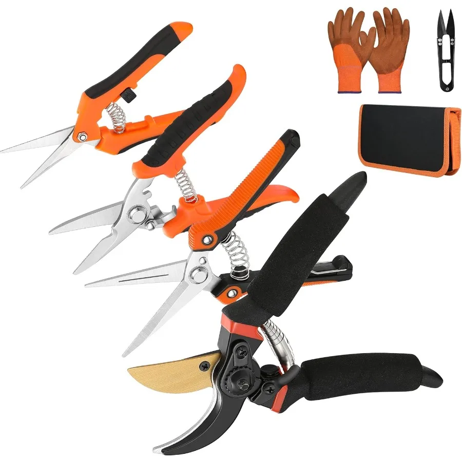 

5 pack Garden Pruning Shears Stainless Steel Blades Handheld Scissors Set with Gardening Gloves for Outdoor Plant Care Heavy Du