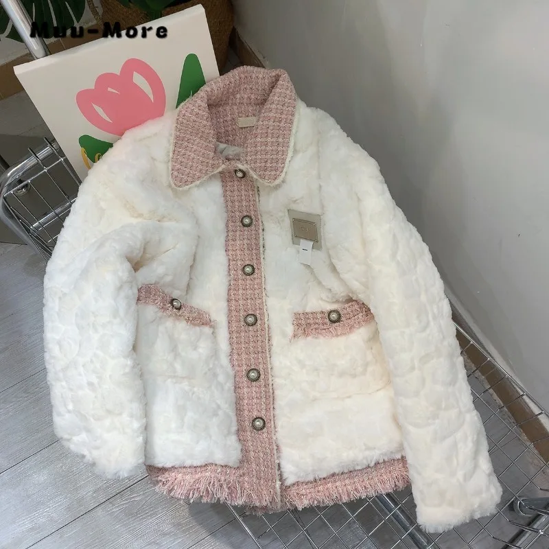 

Autumn Winter 2023 New Wool Splicing Lambswool Coat Women's Jacket Elegant Loose Casual Single-Breasted Outerwears Tops Female