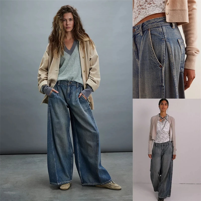 

American Wide Leg Jeans Washed Distressed Loose Straight Fit Casual Wear Trendy Brand Women's Clothing Fashion 2025